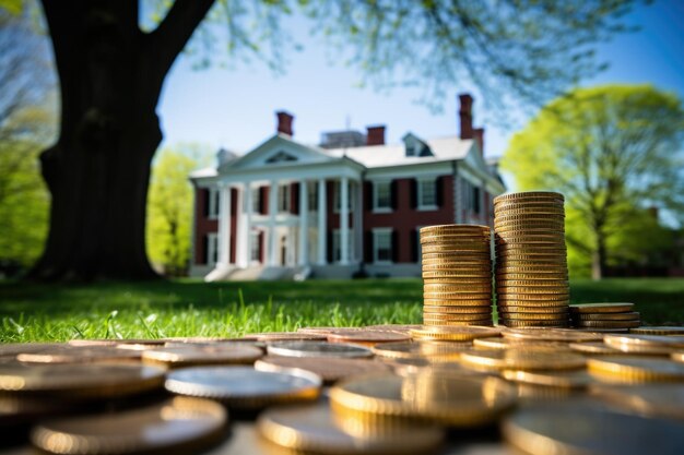 Photo stacks of coins with a large mansion in the background