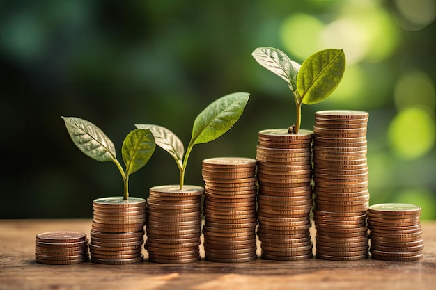 stacks of coins with leaves growing out of them