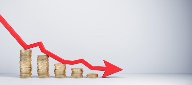 Stacks of coins with a red arrow pointing down indicating a financial crisis set on a plain white background representing the concept of economic downturn 3D Rendering