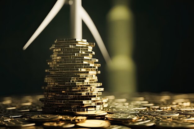 재생 가능한 청정 에너지에 대한 투자 수익을 배경으로 태양풍 풍차가 있는 동전 더미