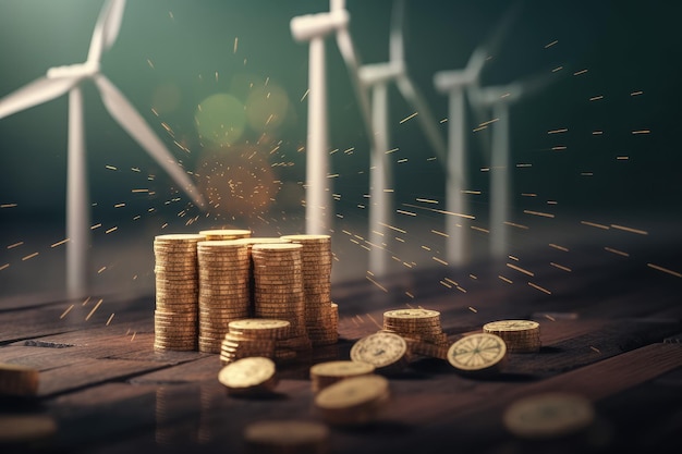 Foto pile di monete con mulini a vento solari sullo sfondo ritorno sull'investimento in energie rinnovabili pulite