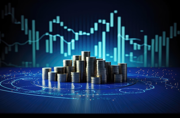 Photo stacks of coins with stock market graph background 3d illustration