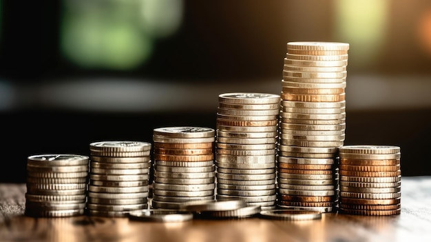 Stacks of coins on wooden table with light bokeh background