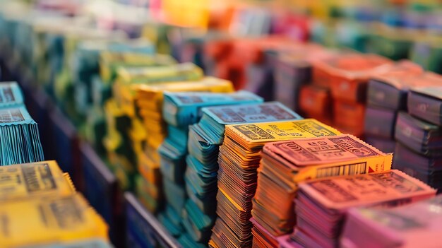 Photo stacks of colorful paper tickets