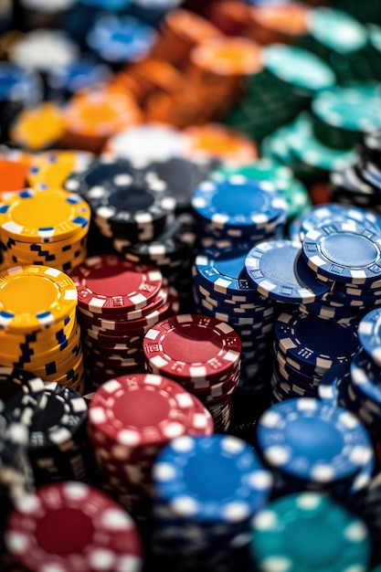 Stacks of colorful poker chips closeup