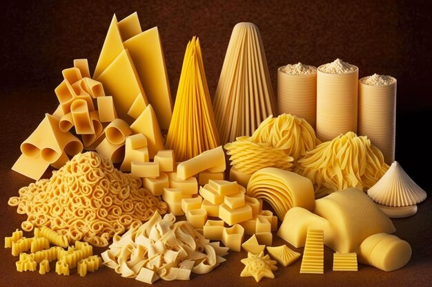 Stacks of different types and shapes dry pasta for making italian meals generative ai