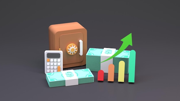 Stacks of dollars and a safe 3d render illustration