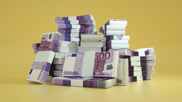 Stacks of Euro notes A lot of money isolated on yellow background 3d rendering of bundles of cash