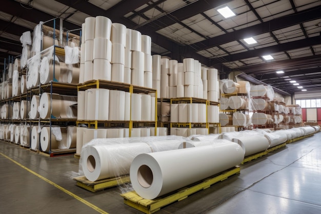 Stacks of finished fiberglass products such as insulation rolls and panels