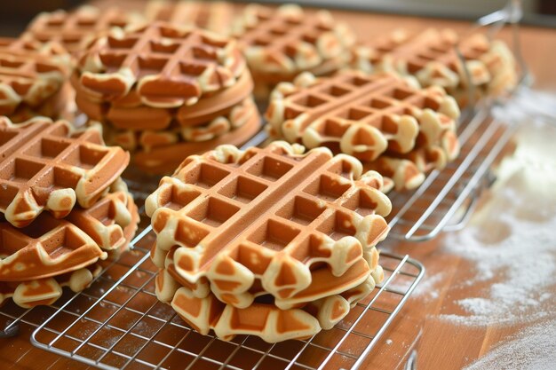 Stacks of fresh waffles cooling on wire rack