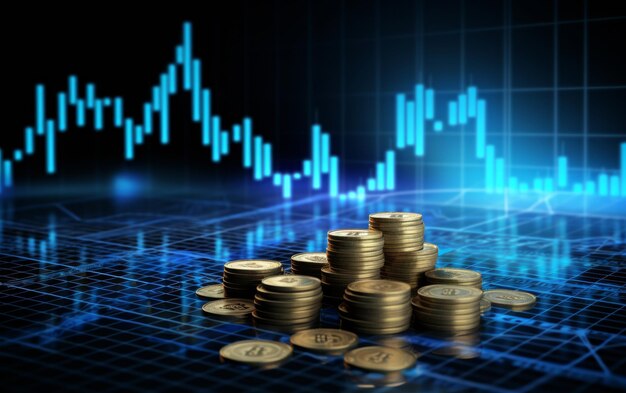 Stacks of gold coins against a financial graph with upward trends representing investment growth