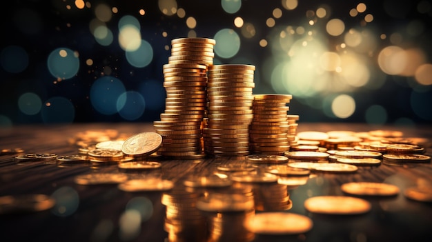 Stacks of gold coins against a financial graph with upward trends representing investment growth