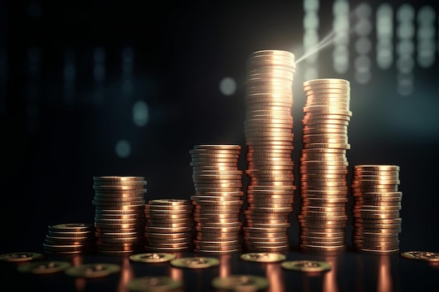 Stacks of gold coins on a dark background with the word gold on the top.