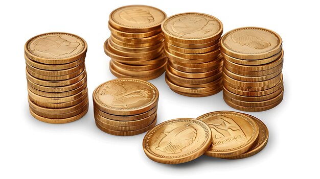 Photo stacks of gold coins of different heights are placed on a white surface the stacks are arranged in a staggered pattern