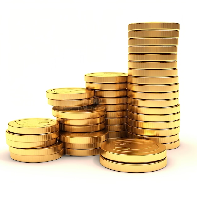 Stacks of gold coins of different heights on a white background