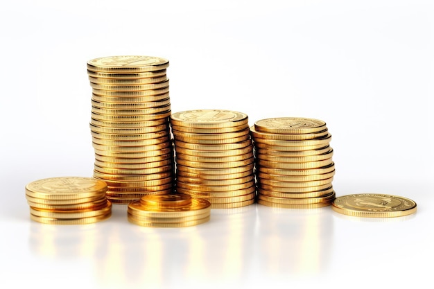 Stacks of gold coins isolated on white background