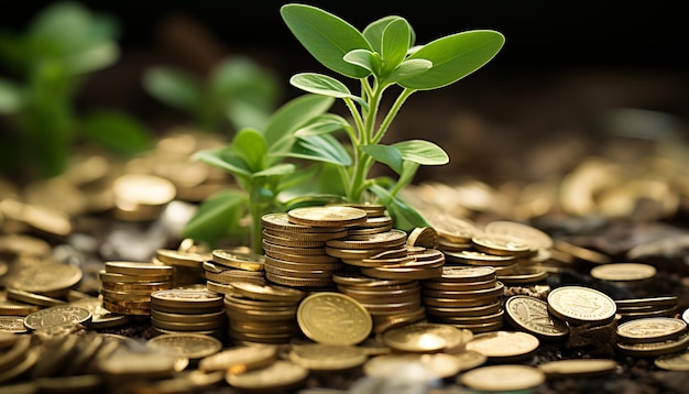 Stacks of gold coins symbolize wealth and financial success generated by artificial intelligence