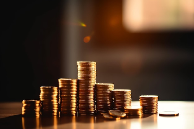 Stacks of gold coins on a table with a dark background