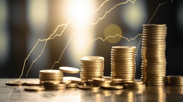 Stacks of gold coins on a table with a light and a lightning bolt in the background