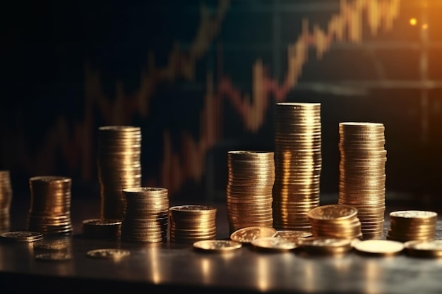 Stacks of gold coins on a table with a stock chart in the background