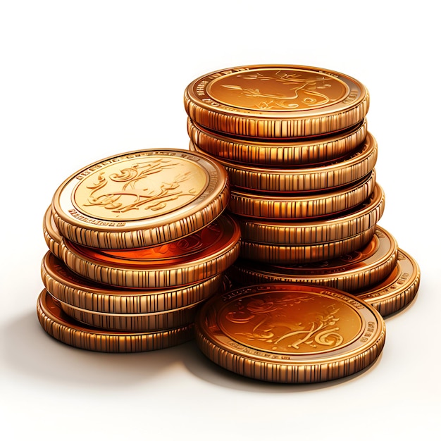 Stacks of gold coins on white background 3D illustration