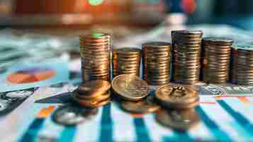 Photo stacks of gold coins with a bitcoin in front of them on a table the background is blurred with a hint of a cityscape visible