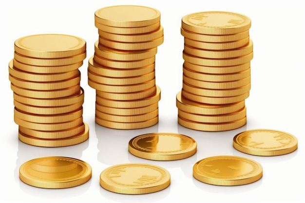 Stacks of gold coins worth one US dollar isolated on white