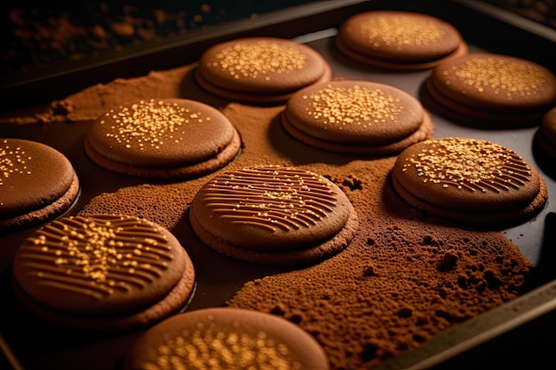 Stacks of golden brown cookies soaked in chocolate on baking tray