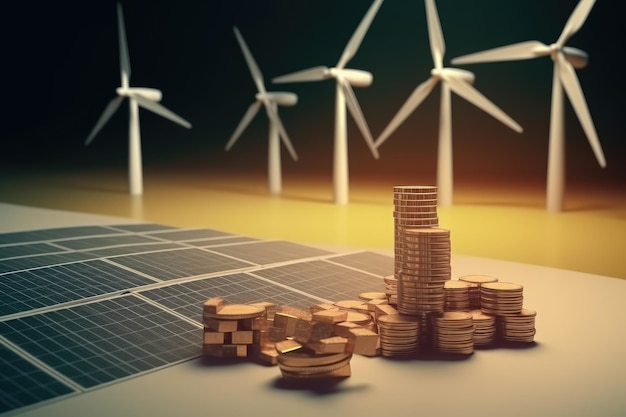 Stacks of golden coins with solar panels and windmills on background renewable clean energy