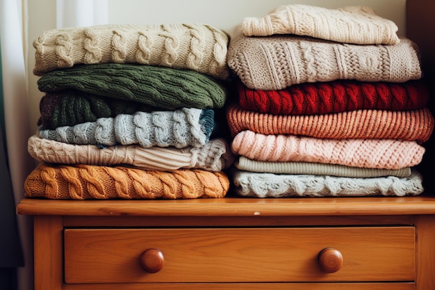 Стопки вязаных свитеров на комодах в спальне