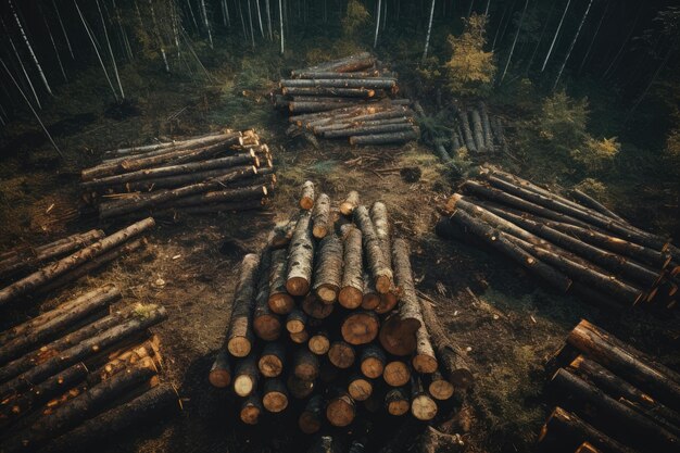 Stacks of logs in a forest drone view deforestation concept