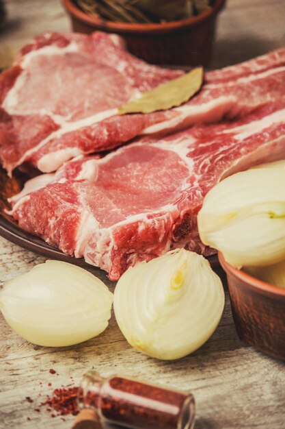 Stacks of meat from pork. cooking. selective focus.