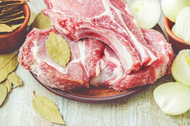 Stacks of meat from pork. cooking. selective focus.