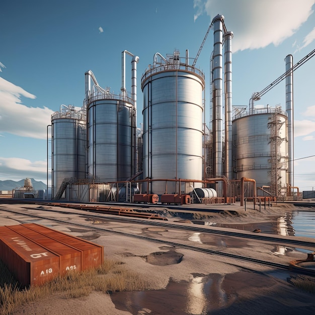 stacks of metal grain storage racks next to railways and seaport