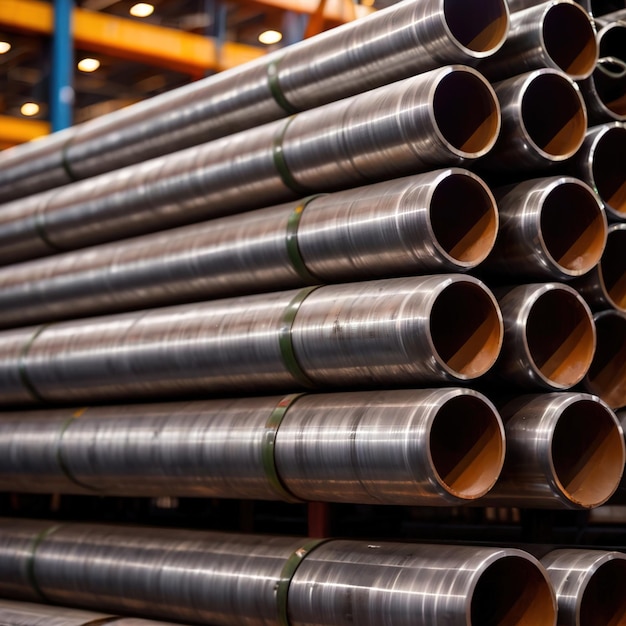 Photo stacks of metal pipes construction components for industry in storage in warehouse