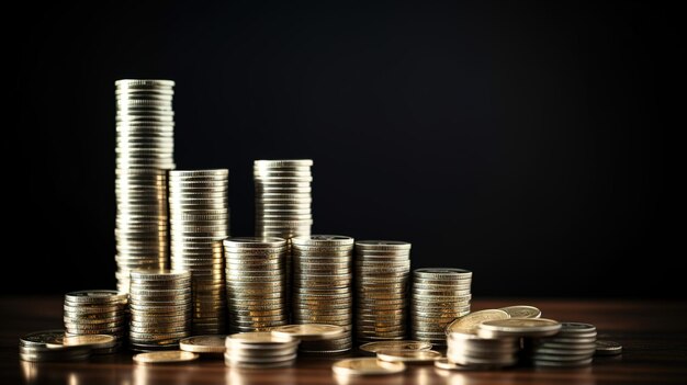 Photo stacks of metallic coins on a dark background money on black