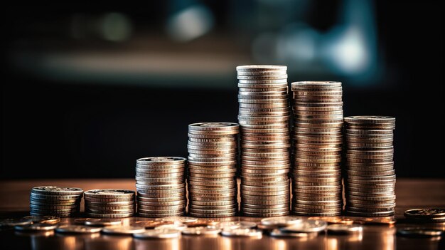 Stacks of metallic coins on a dark background money on black