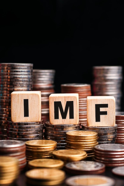 사진 나무 정육면체에 imf(international monetary fund)라는 글자가 있는 금화 더미. 비즈니스 c