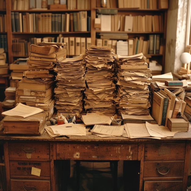사진 도서관 에 있는 오래된 책 과 종이 들 의 어리