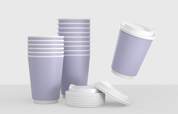 Stacks purple paper coffee cups and white plastic lids packaging mockup Blank to go beverage mug pile for take away hot drinks disposable tea cups isolated on studio background Realistic 3d render