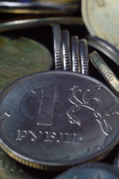 Stacks of Russian rubles coins shot close-up. macro.