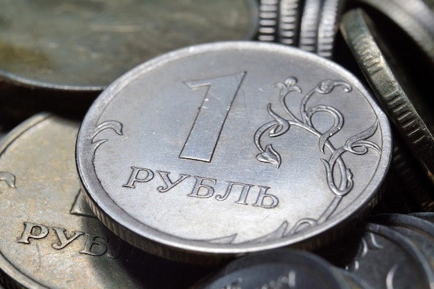 Stacks of Russian rubles coins shot close-up. macro.