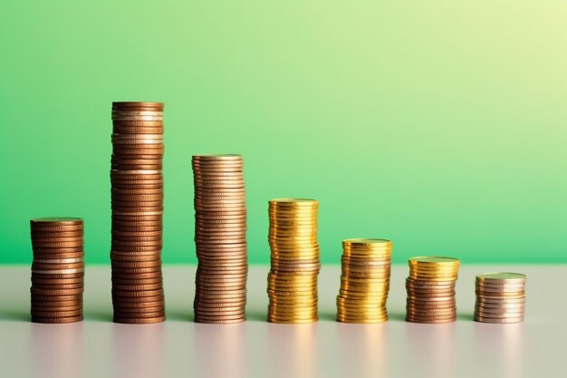 Stacks of savings coin arranged in order on wooden working table or high coin towers the richness