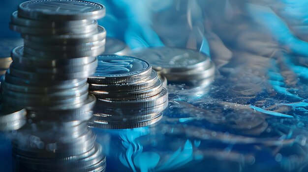 Photo stacks of silver coins on a blue blurred background the concept of saving money investing in the future and financial stability