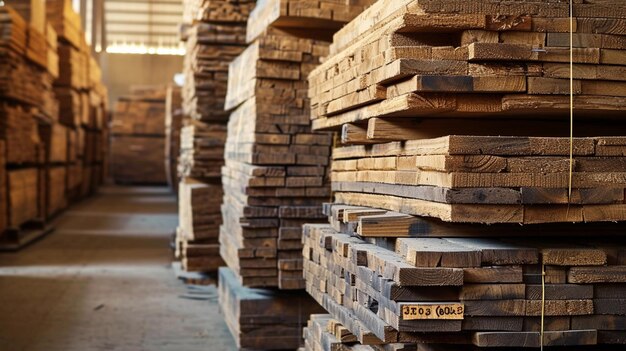 Photo stacks of treated wood flooring in factory