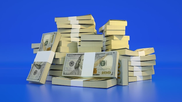 Stacks of US dollar notes A lot of money isolated on blue background