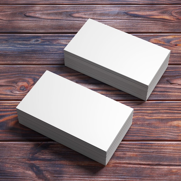 Stacks of White Blank Business Cards on a wooden table. 3d Rendering