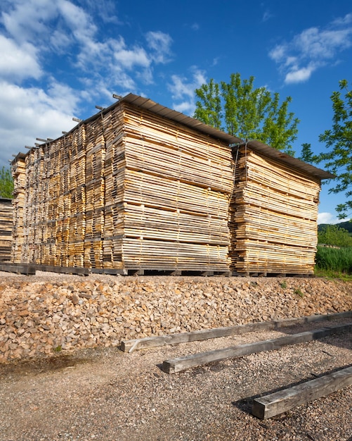 Stacks of wooden boards at the lumber yard