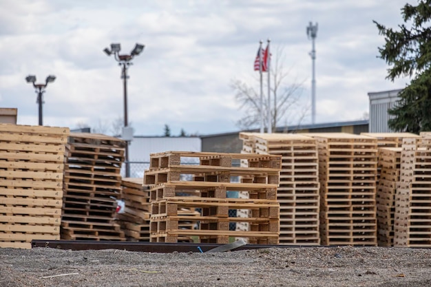 Stacks of Wooden Pallets in factory