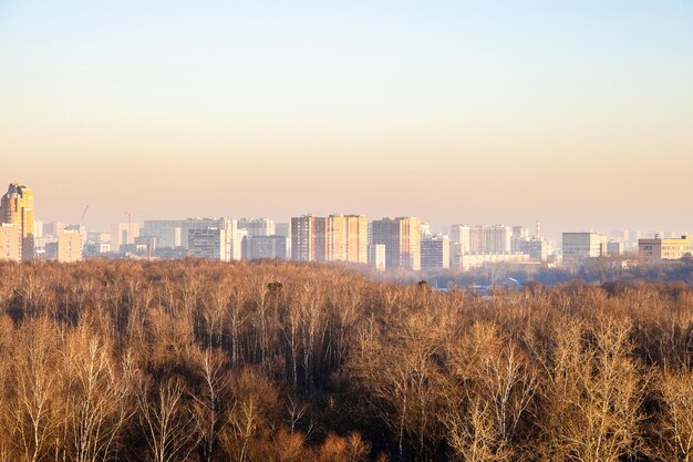 Stad en stadspark verlicht door roze zonsopgangzon